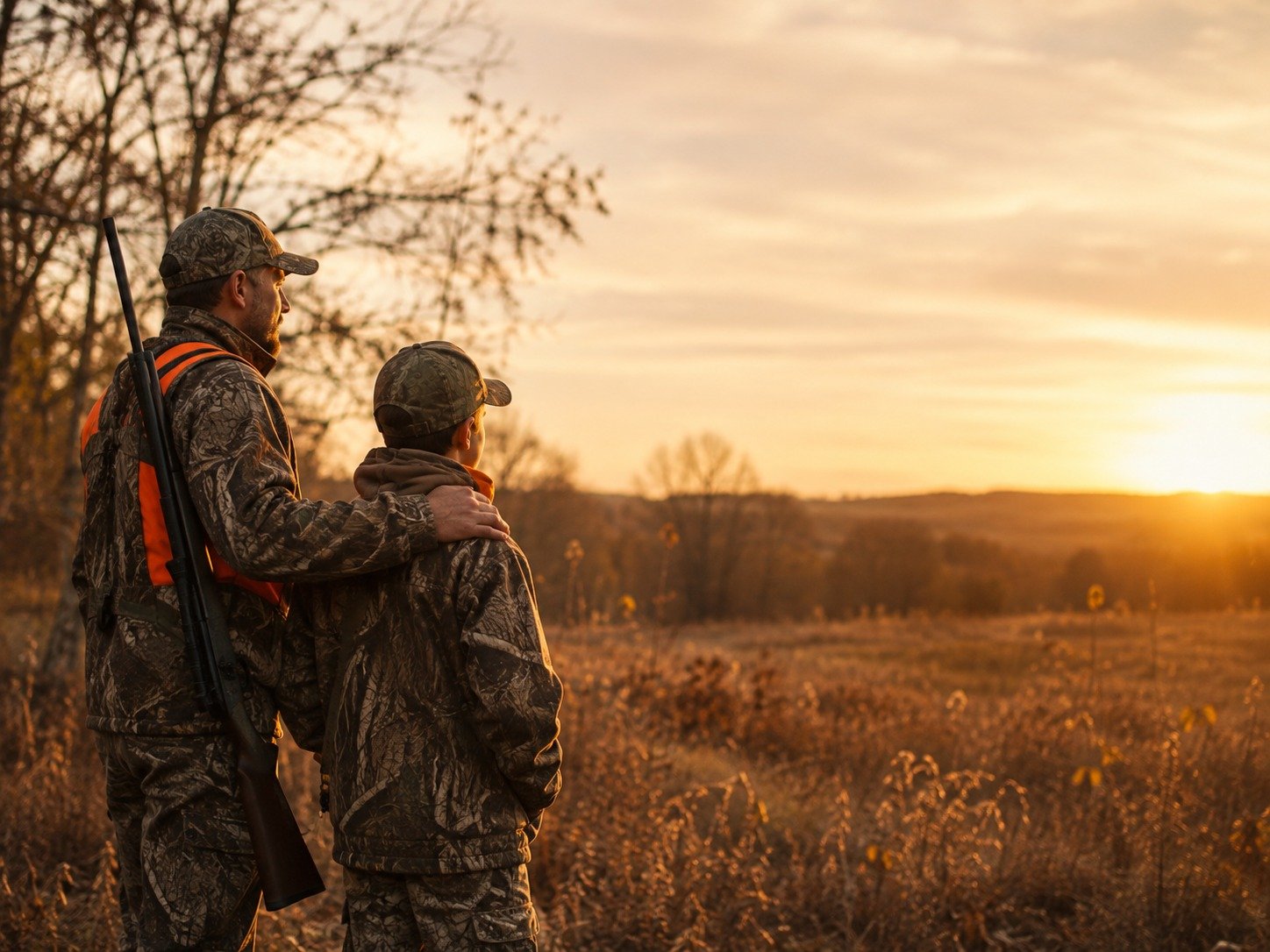 Father and son in camouflage hunting at sunset